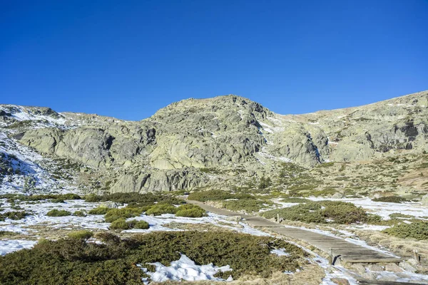 Pasarela Madera Laguna Penalara Municipio Rascafria Parque Nacional Las Montañas — Foto de Stock