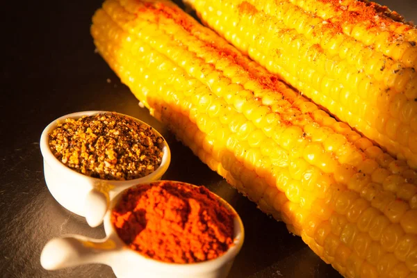 Boiled Corn Spices Slate Board — Stock Photo, Image