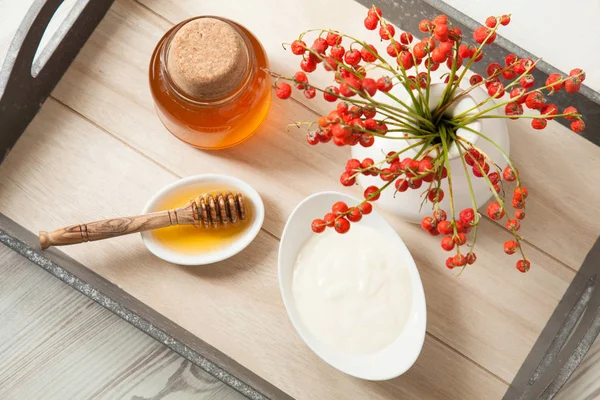 Fresh Honey Natural Milk Yogurt Served White Porcelain Dishware Wooden — Stock Photo, Image