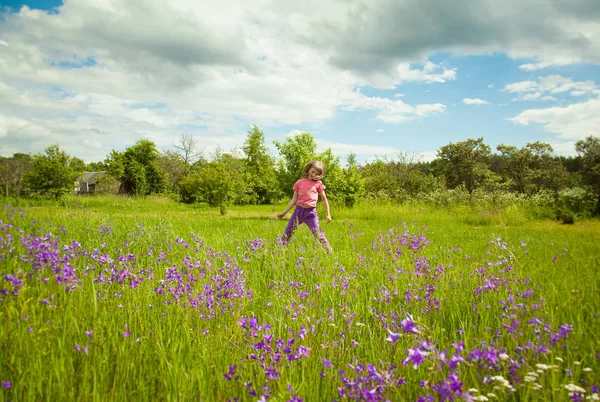 Happy Childhood Cute Little Girl Jumping Green Summer Meadow — Stock Photo, Image