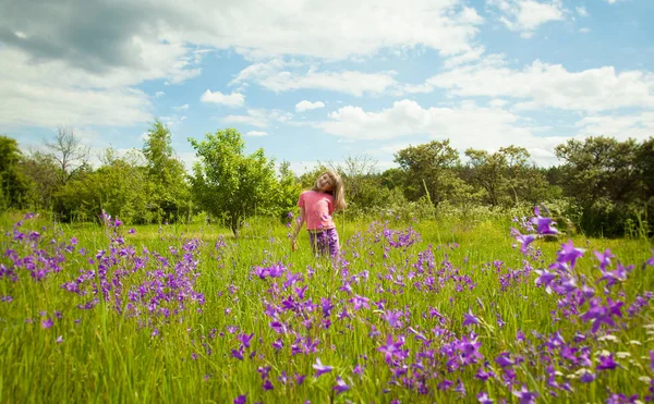 Gelukkige Jeugd Schattig Lachende Klein Meisje Een Groene Zomer Weide — Stockfoto