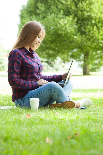 Attraktiva Student Tjej Sitter Med Laptop Sommar Park — Stockfoto