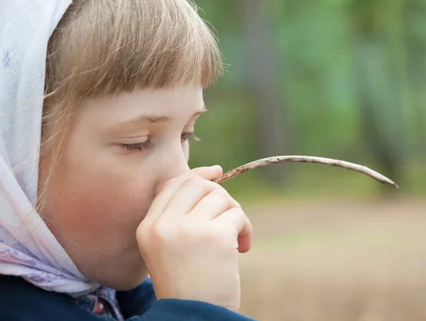 Closeup Portrait Little Girl Playing Twig Summer Park — Stock Photo, Image