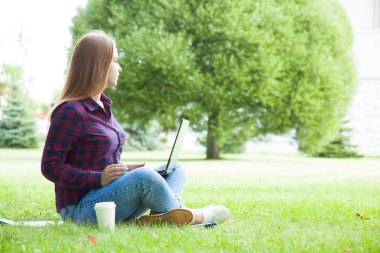 Bir dizüstü bilgisayar bir yaz parkta oturan çekici öğrenci kız