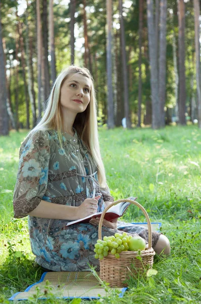 Beautiful Pregnant Young Woman Making Notes Her Diary While Sitting — Stock Photo, Image