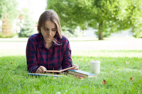 Menina Estudante Jovem Atraente Estudando Parque Verão — Fotografia de Stock