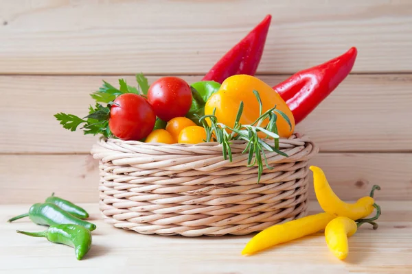 Fresh Ripe Vegetables Basket Wooden Table — Stock Photo, Image