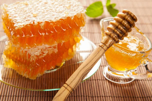 Beautiful Composition Honeycombs Fresh Honey Glass Bowl Bamboo Background — Stock Photo, Image