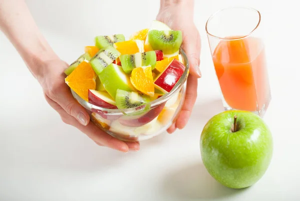 Fresh Fruit Salad Glass Orange Juice Healthy Breakfast — Stock Photo, Image