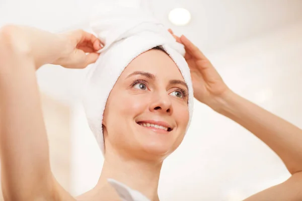 Charming Smiling Young Woman Morning Shower Closeup Portrait — Stock Photo, Image