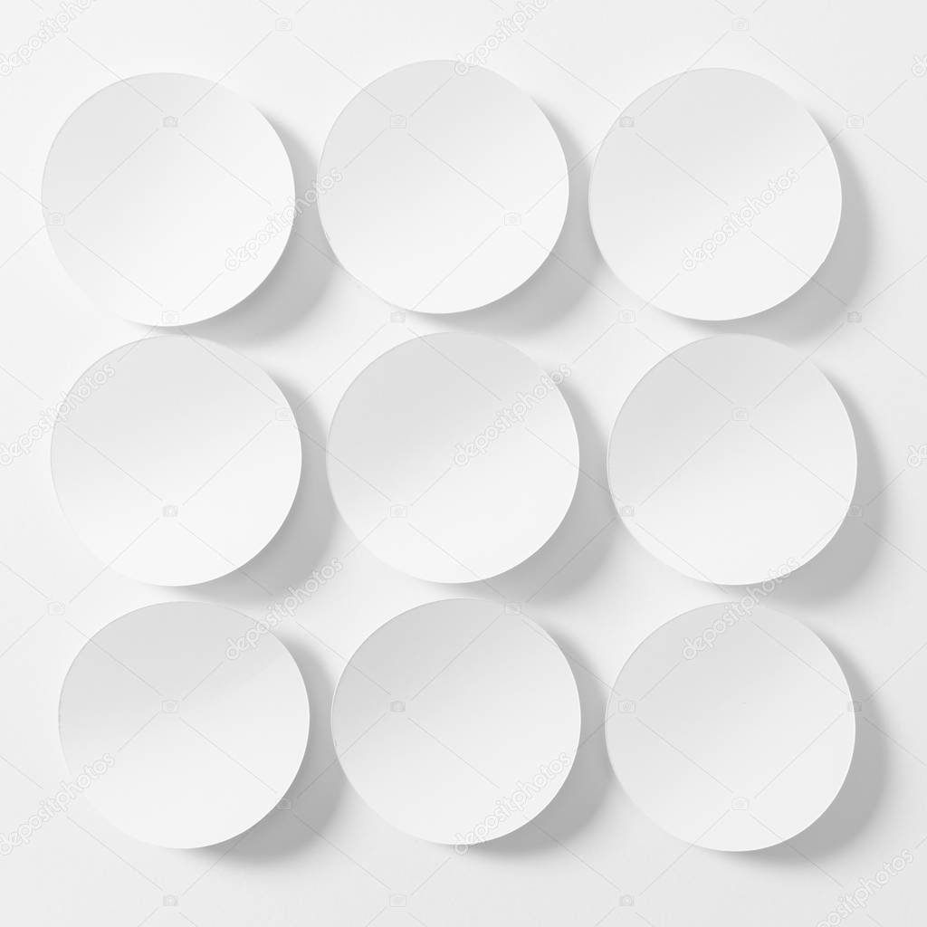 Presentation slide template - a set of paper circle shapes with shadows, 1:1 aspect ratio, black & white image