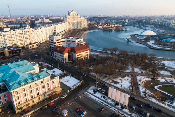 Vista Aérea Del Centro Ciudad Minsk Con Edificios Río —  Fotos de Stock