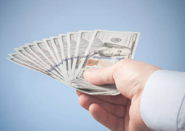 Cropped View Businessman Blue Shirt Holding Dollar Banknotes Blue Background — Stock Photo, Image