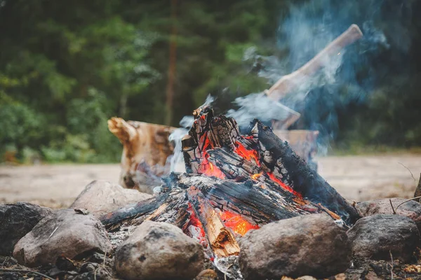 Kamp Yerde Açık Havada Şenlik Ateşi Yakın Çekim — Stok fotoğraf