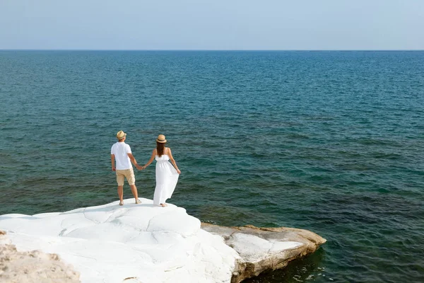 Romantic Young Couple Watching Sea White Stony Shore Cyprus — Stock Photo, Image