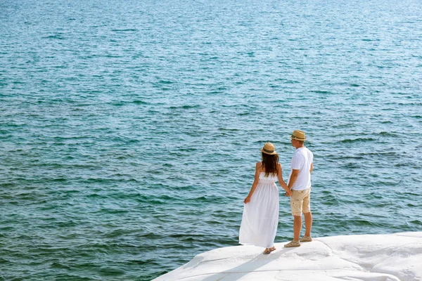 Romantic Young Couple Watching Sea White Stony Shore Cyprus — Stock Photo, Image