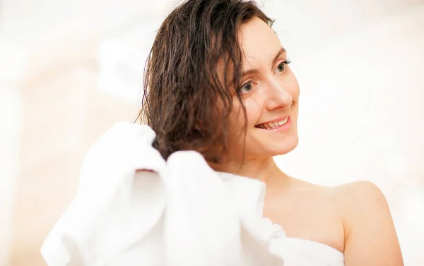 Smiling Young Woman Wiping Hair Towel Shower — Stock Photo, Image