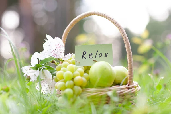 Cesto da picnic con uva, mele, concetto di relax — Foto Stock