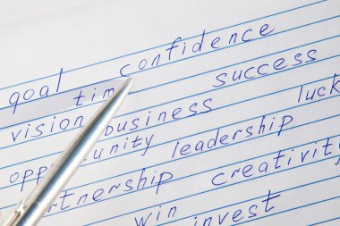 Kopya kitabında motivasyon sözcükleri arasında yazılan 