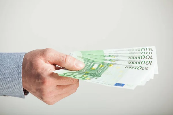 Main Homme Allongeant Les Billets Euros Gros Plan Sur Fond — Photo