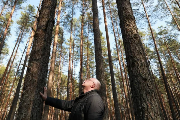 Reifer Mann genießt Freizeit im Frühlingswald — Stockfoto