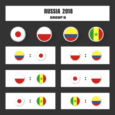 Maç programı, 2018 son çekiliş sonuçları tablo, Rusya Uluslararası Turnuvaya katılan ülkelerin bayrakları. Gruplar futbol Dünya Şampiyonası Rusya