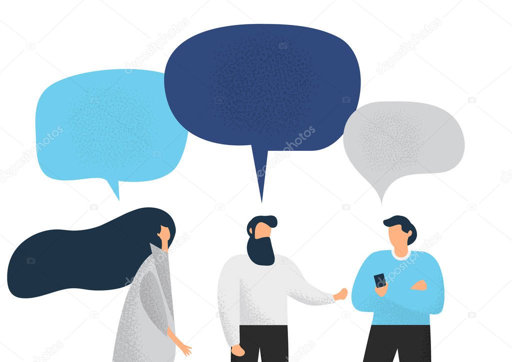 Flat style illustration, businessmen discuss social network, news, chat, dialogue speech bubbles.