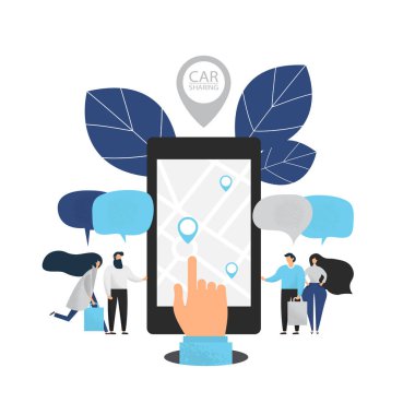 Carsharing kavram mobil gadget rent a car araba paylaşımı hizmeti üzerinden çeşitli kullananların Illustration. Düz tasarım.