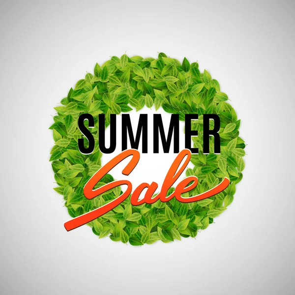 Summer Sale Text Green Realistic Leaves Background — Stock Vector