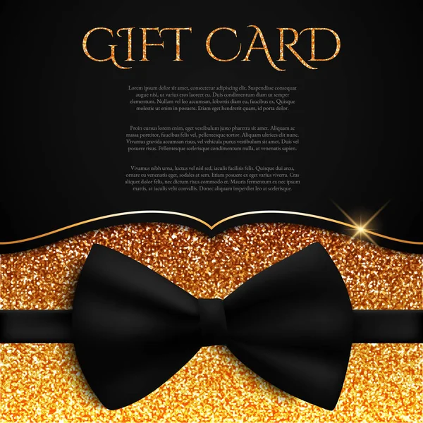 Gold Geschenkkarte Mit Glitzern Und Fliege Auf Schwarzem Hintergrund — Stockvektor