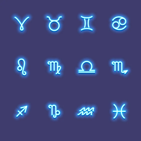 Signes Zodiaque Icônes Rougeoyantes Sur Fond Bleu — Image vectorielle