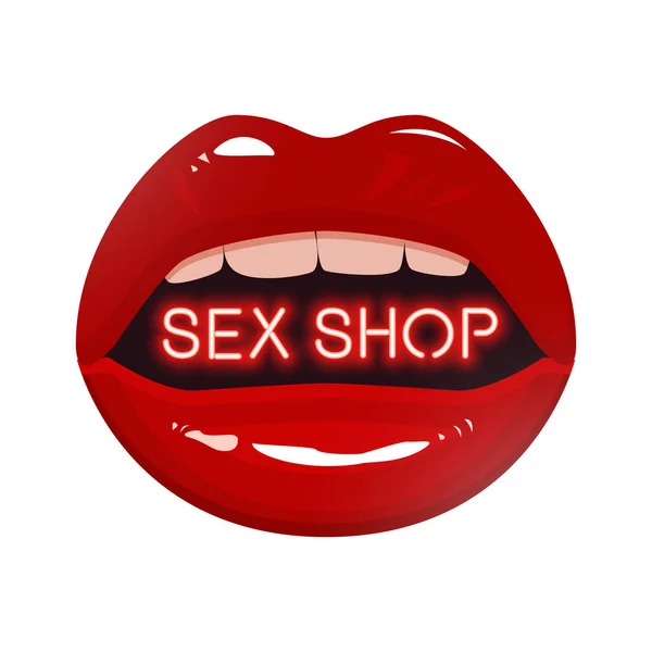 Seks Shop Logo Neon Tekst Met Rode Lippen Witte Achtergrond — Stockvector
