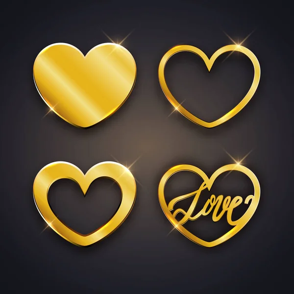 Conjunto Corazones Brillantes Oro Sobre Fondo Oscuro — Vector de stock