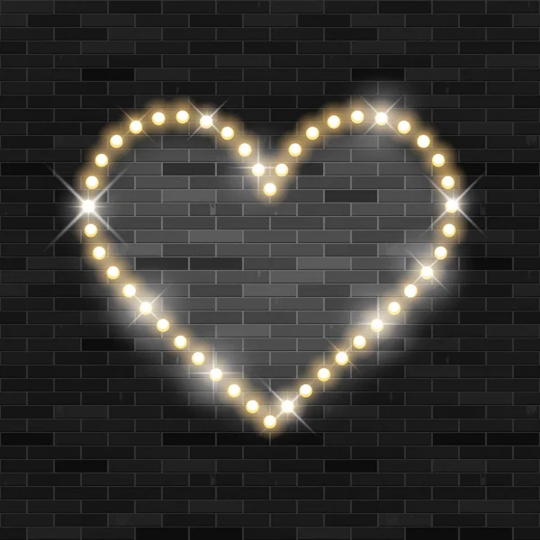 Siyah Tuğla Duvar Arka Plan Üzerinde Parlayan Neon Kalpli Çerçeve — Stok Vektör