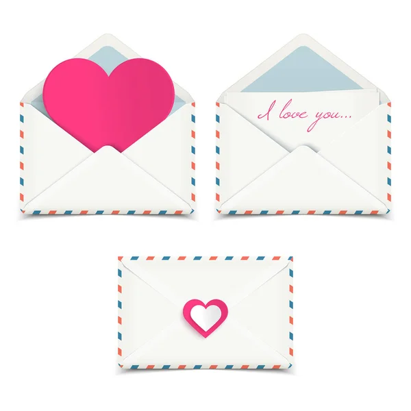 Conjunto Sobres Románticos San Valentín Cartas Amor Aislados Blanco Ilustración — Vector de stock