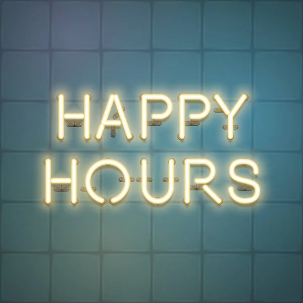 Happy Hours Venda Vetor Propaganda Brilhante Neon Design Texto Realista — Vetor de Stock