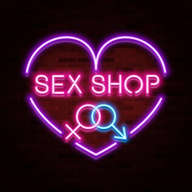 Seks shop logo, neon gerçekçi metin tasarım, Yetişkin mağaza, vektör çizim