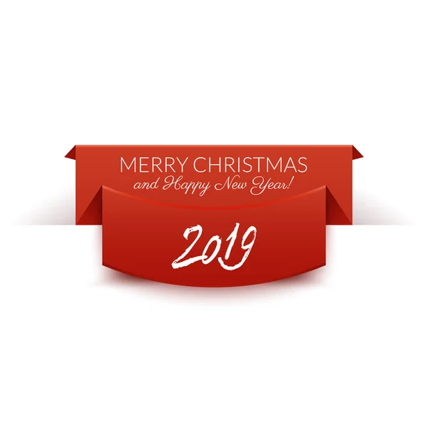 Happy New 2019 Year Merry Christmas Text Red Ribbon Vector — Stock Vector