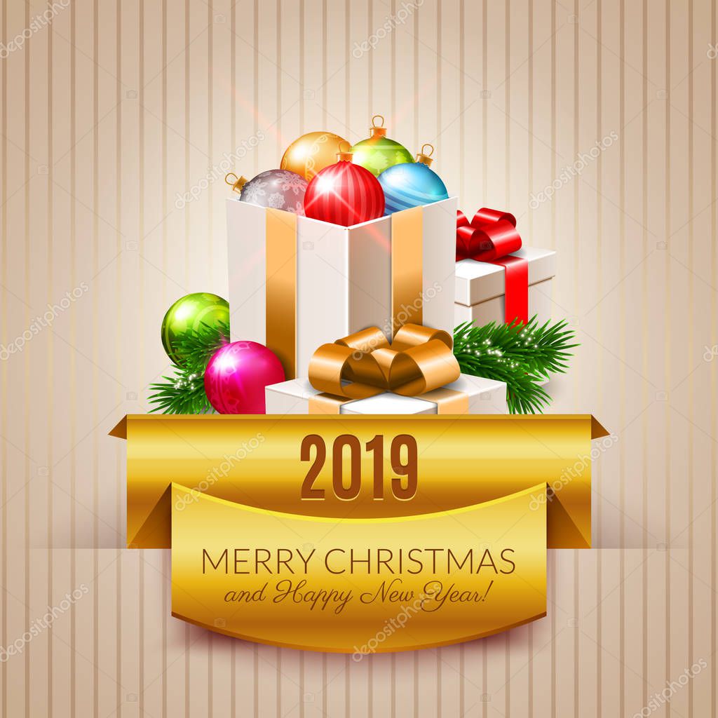 Merry Christmas and Happy New Year 2019 postcard design, gifts, tree branches, decoration, vector illustration