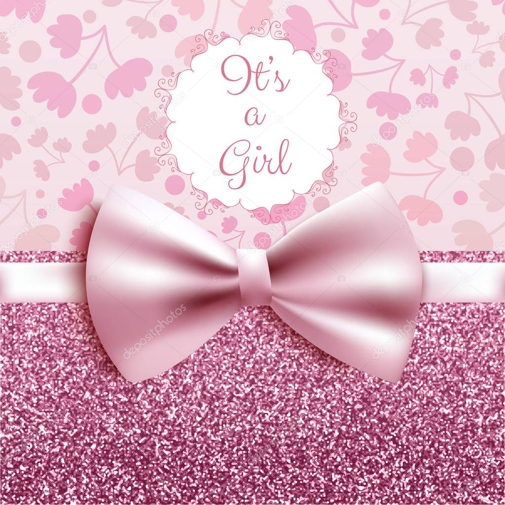 It's a girl baby shower cute card invitation with pink bow, vector illustration