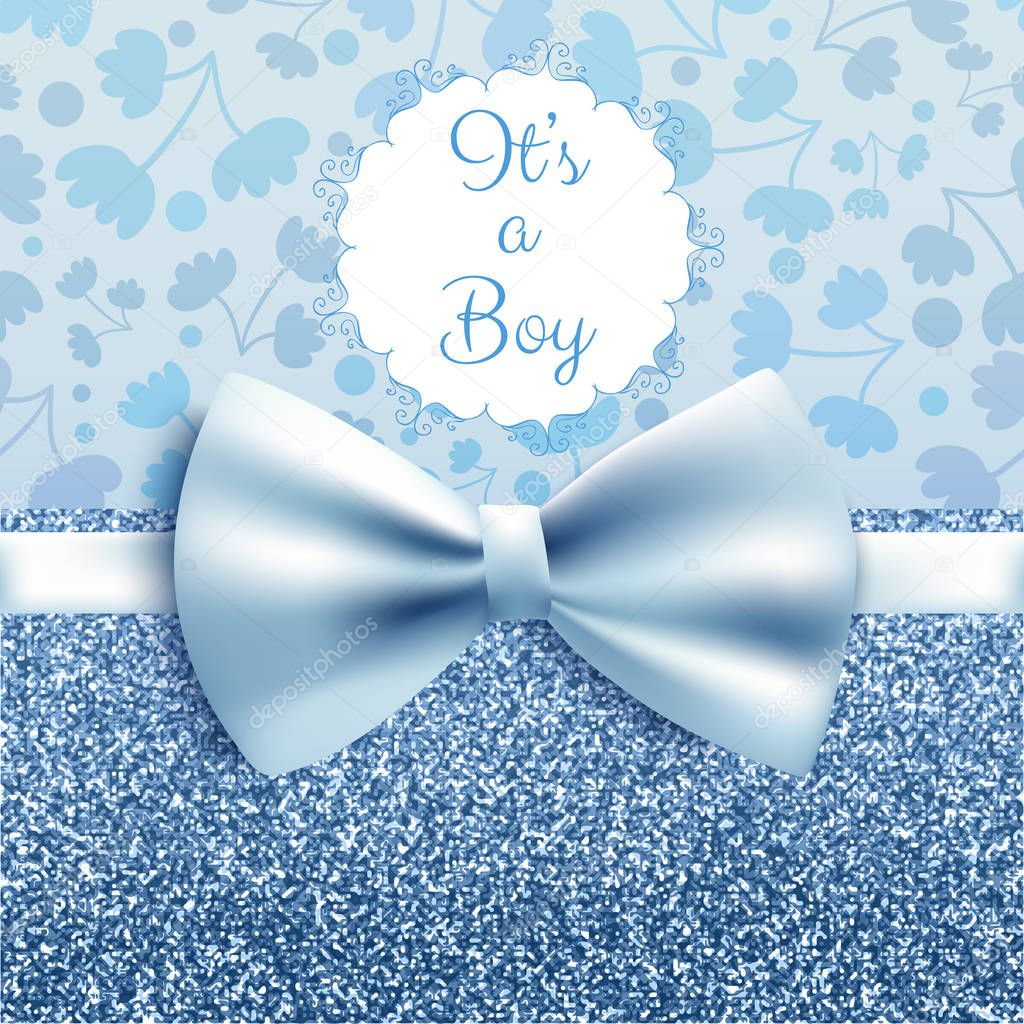 It's a boy baby shower cute card invitation with blue bow, vector illustration