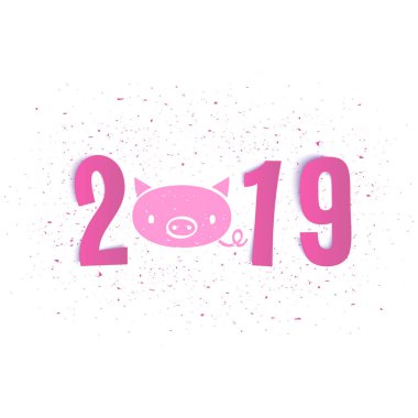 Yeni yıl domuz 2019 şirin kartpostal, gerçekçi kağıt mektuplar, vektör çizim