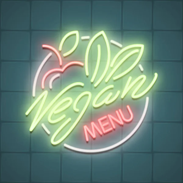 Vegan Food Menu Restaurant Advertisement Logo Icon Neon Glowing Text — Stock Vector