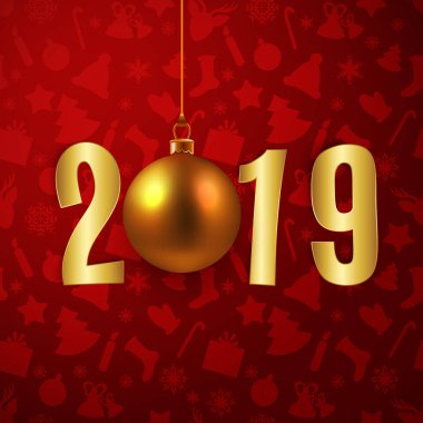 Mutlu yeni yıl 2019 kartı ile altın kağıt mektup ve Noel biblo, vektör çizim