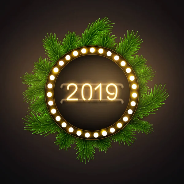 Щасливий Новий 2019 Рік Світиться Золотий Неоновий Банер Зеленому Ялинковому — стоковий вектор