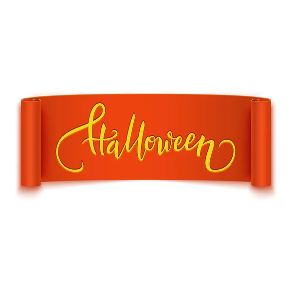 Halloween Texto Caligráfico Escrito Mano Banner Cinta Naranja Realista Ilustración — Vector de stock