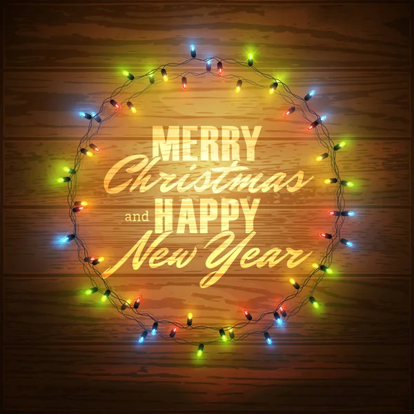 Merry Christmas Card Illuminated Circle Shiny Garland Lights Lettering Vector — Stock Vector