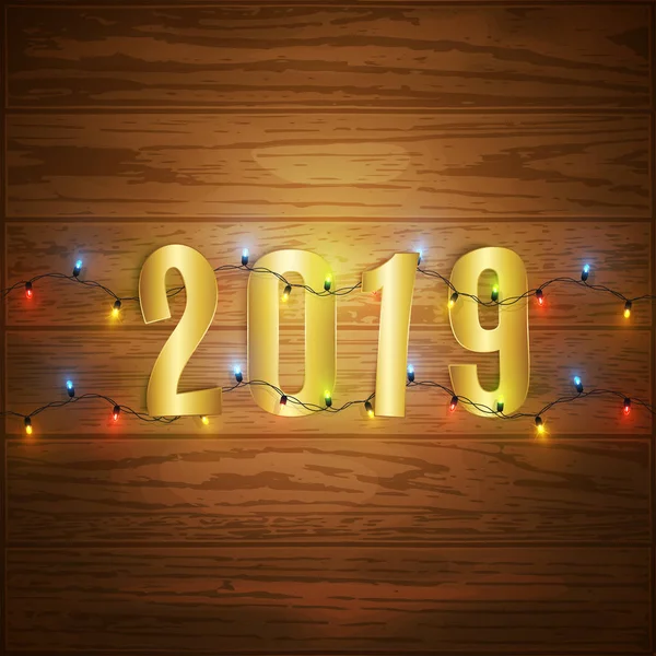Новогодняя Открытка 2019 Года Открытка Подсвеченные Красочные Гирлянды Золотые Цифры — стоковый вектор