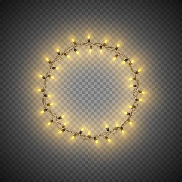 Vánoční Dekorativní Realistické Věnec Lesklou Žlutá Zářící Světla Kolo Rám — Stockový vektor