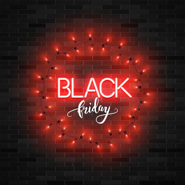 Black Friday Text Illuminated Red Lights Brick Wall Vector Illustration — Stock Vector